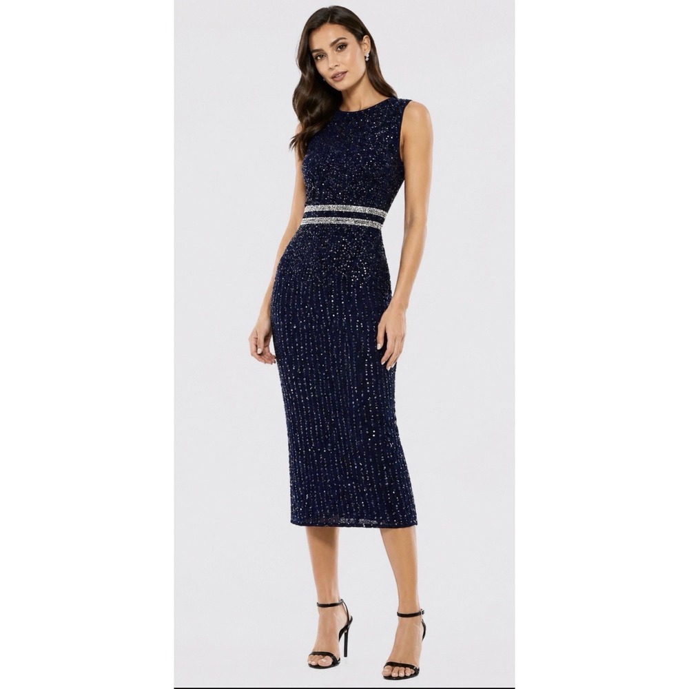 Mac Duggal Sleeveless High Neck Beaded Midi Sheath Dress in Navy Size 6